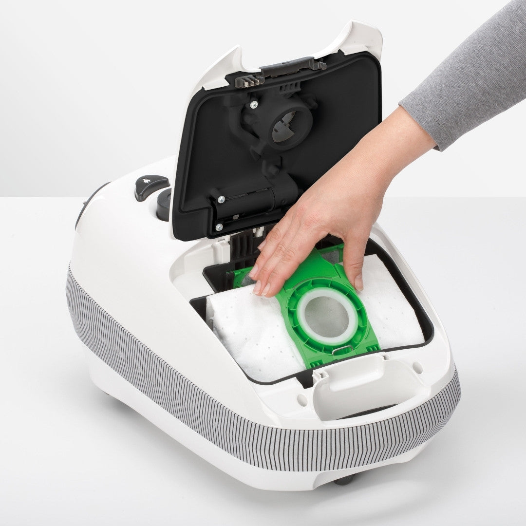 SEBO Airbelt E filter bags with a hygiene cap for dustless removal.