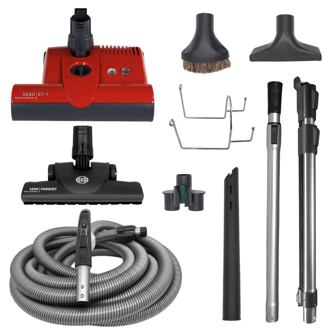 SEBO Premium Central Vacuum Kit with a 30-foot hose and red ET-1 power head