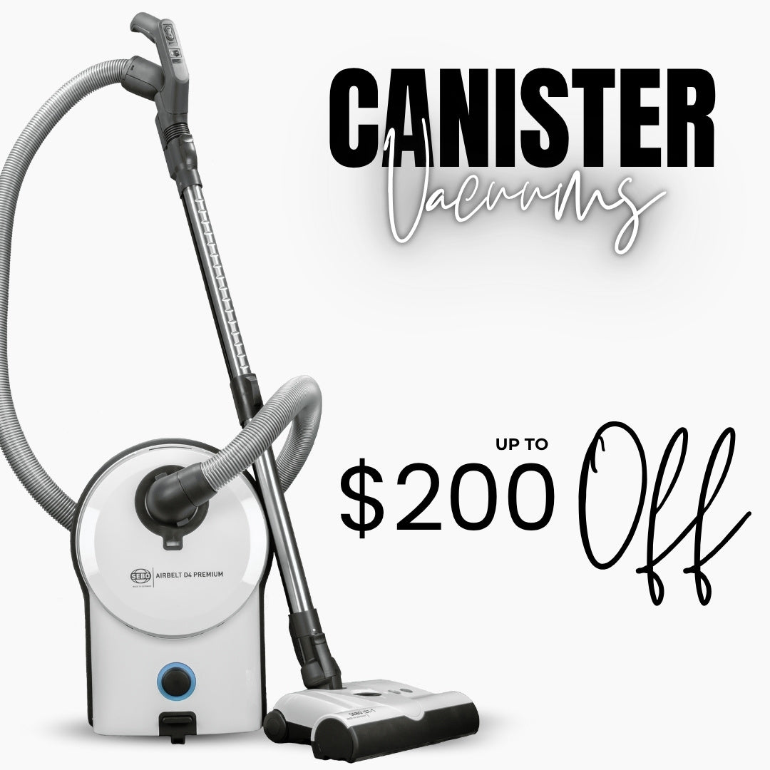 SEBO D4 Premium canister vacuum cleaner with promotional text 'CANISTER Vacuums' and 'Up to $200 Off' on a white background