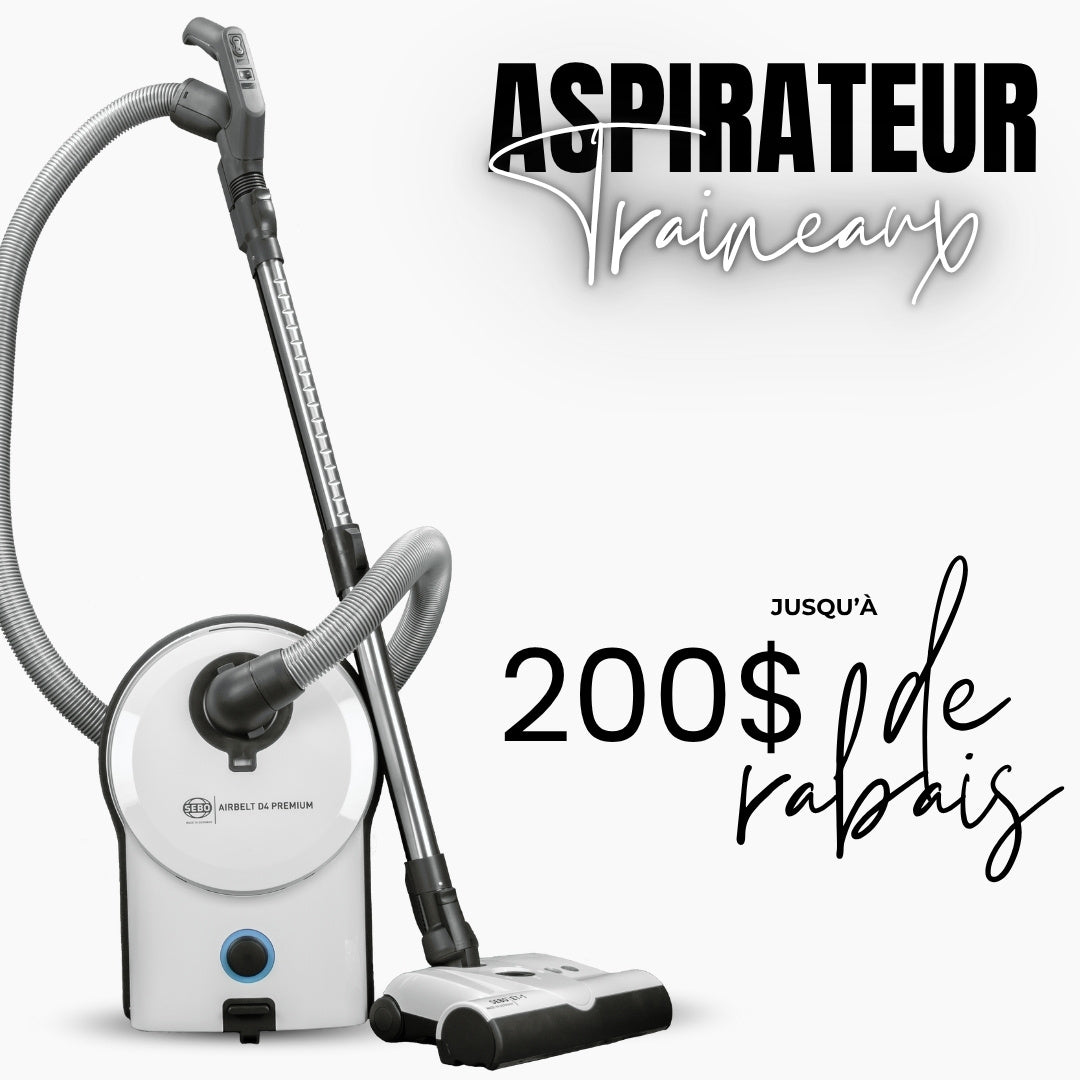 Aspirateur traîneau SEBO D4 Premium avec texte promotionnel « Aspirateurs traîneaux » et « Jusqu'à 200 $ de rabais » sur fond blanc.