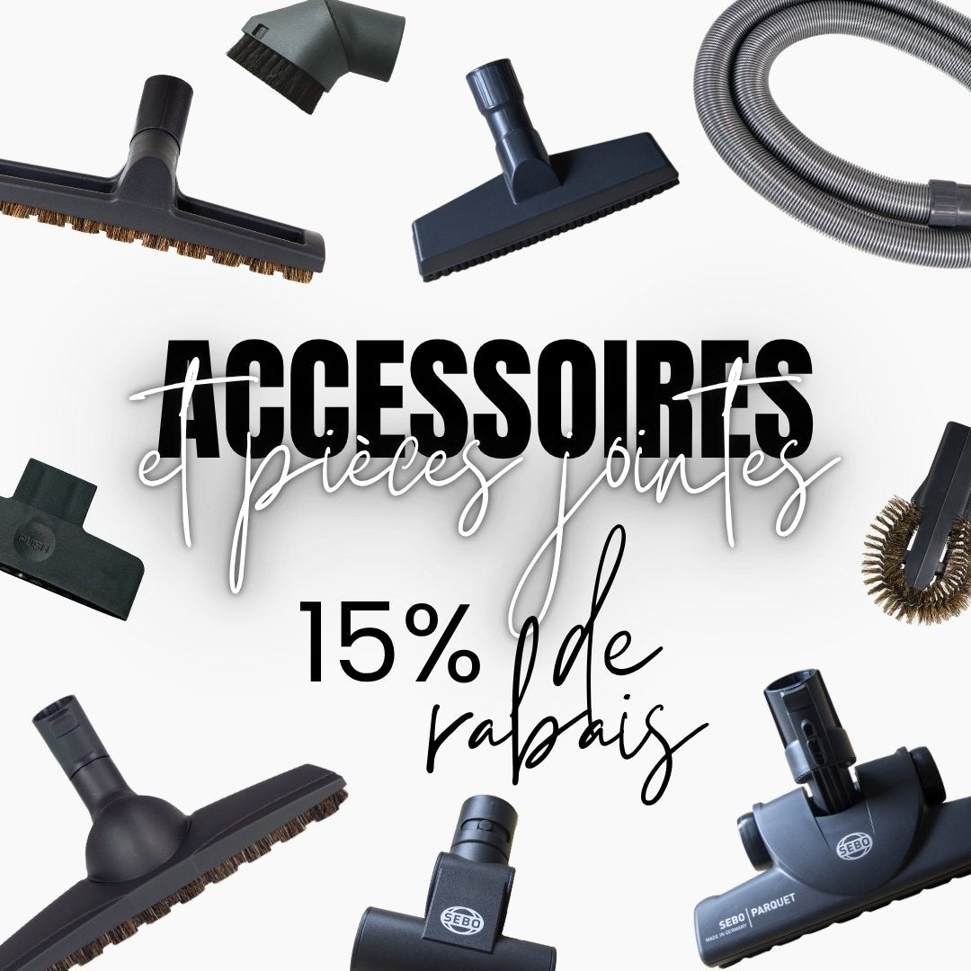 Collection d'accessoires pour aspirateurs avec texte promotionnel indiquant une réduction de 15 % sur les accessoires, sur fond blanc.
