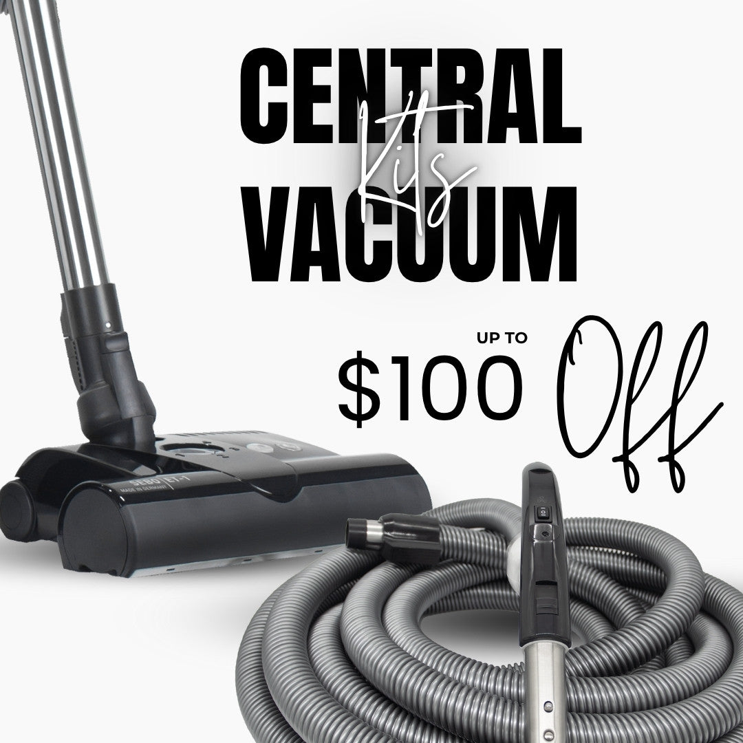 Black power head with hose on a white background, promotional text for Central Vacuum Kits on sale for up to $100 off.