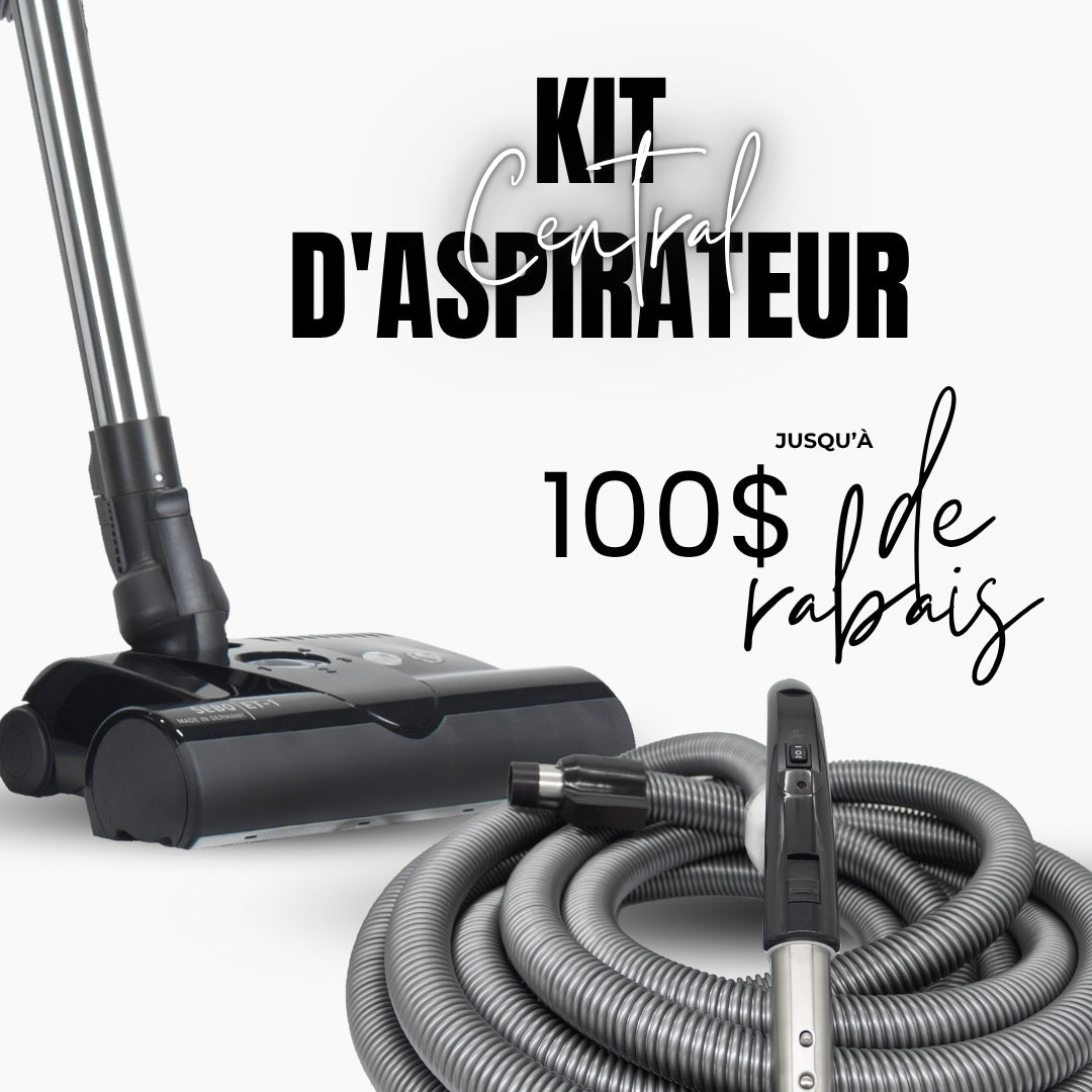 Tête d'aspirateur noire avec boyau sur fond blanc, texte promotionnel pour les kits d'aspirateur central en promotion avec jusqu'à 100 $ de réduction.