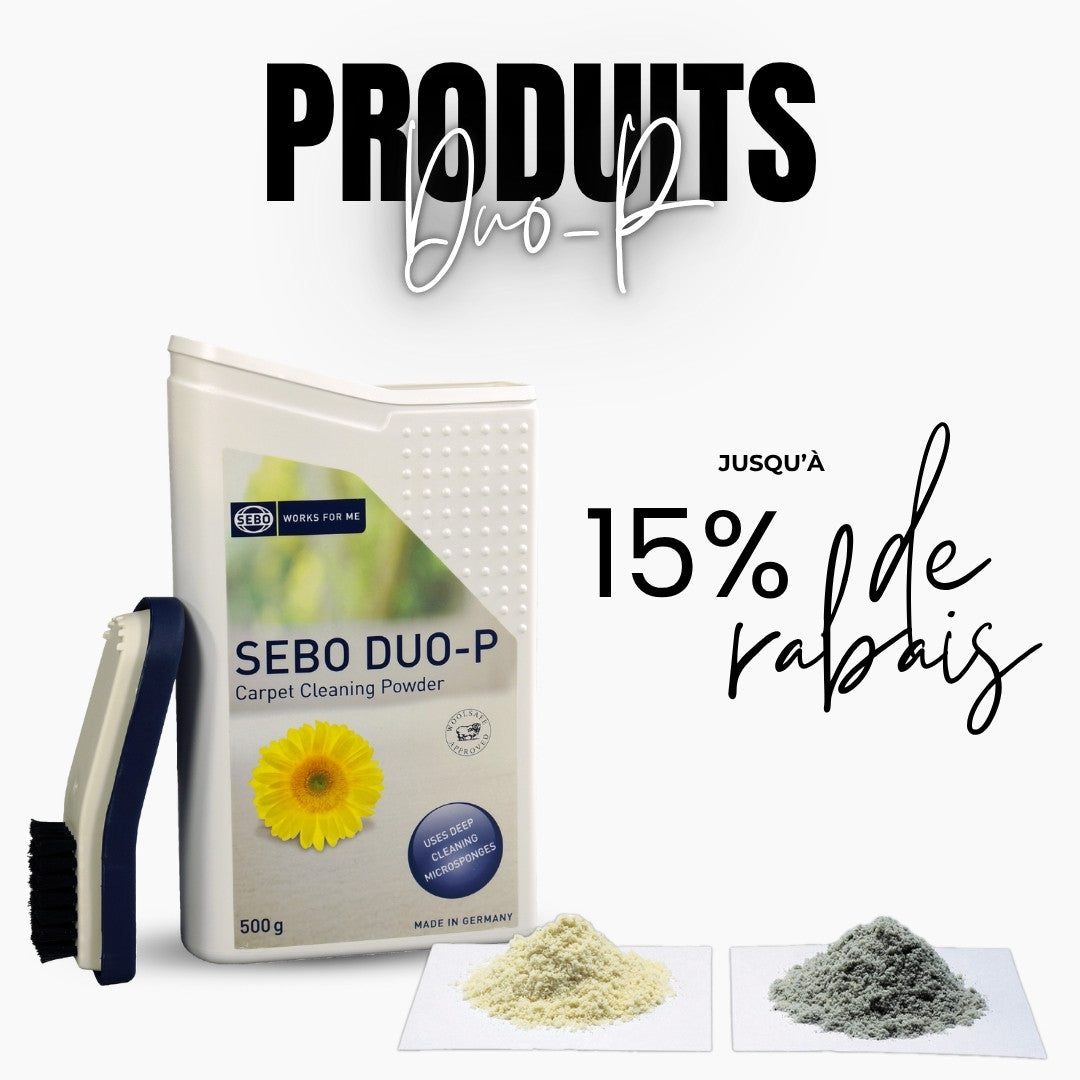 Poudre nettoyante pour tapis SEBO DUO-P avec une brosse et des échantillons de poudre sur fond blanc. Le texte promotionnel indique « Produits de nettoyage à sec Duo-P jusqu'à 15 % de réduction ».