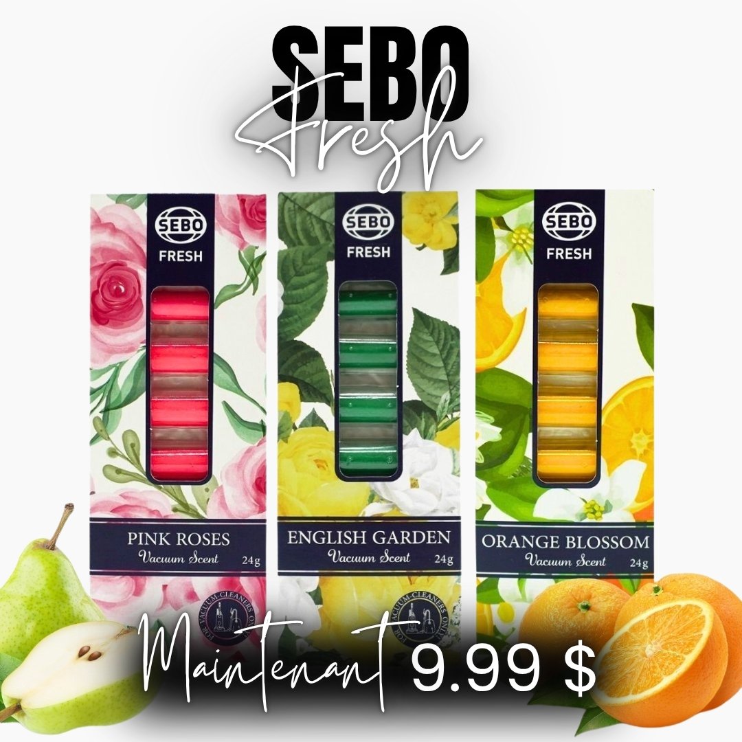 Paquets de désodorisants SEBO Fresh avec des motifs floraux et fruités sur fond blanc. Maintenant en vente au prix de 9,99 $. 