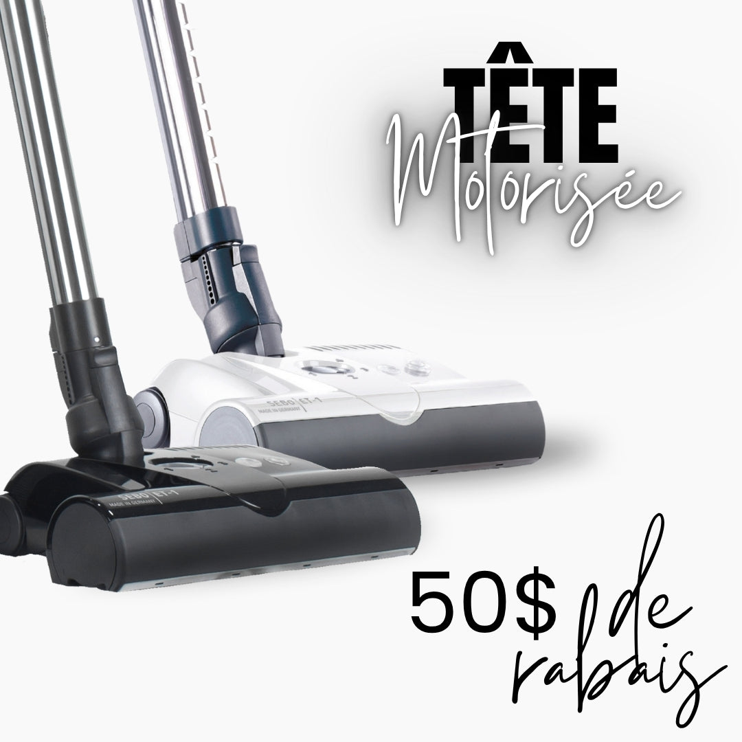 Têtes motorisées noires et blanches sur fond blanc avec texte promotionnel indiquant que les têtes motorisées SEBO bénéficient d'une réduction de 50 $.